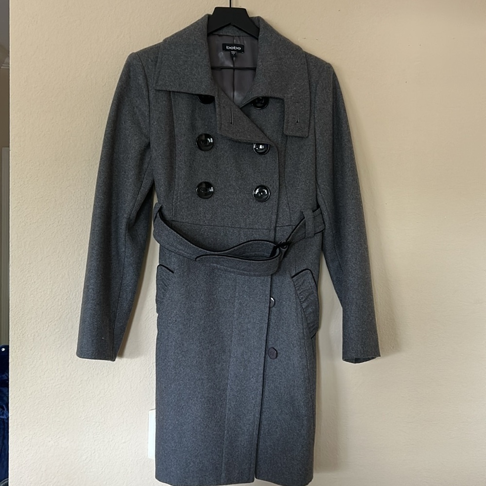 Bebe Women's Gray Double-Breasted Belted Coat Large